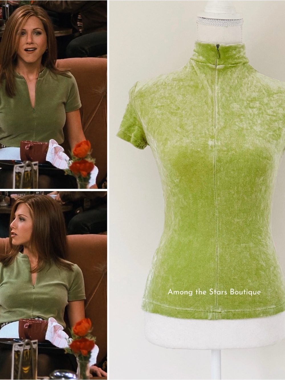 Vintage Lime Green Velvet Quarter-Zip Mock Neck Top Inspired by Rachel Green